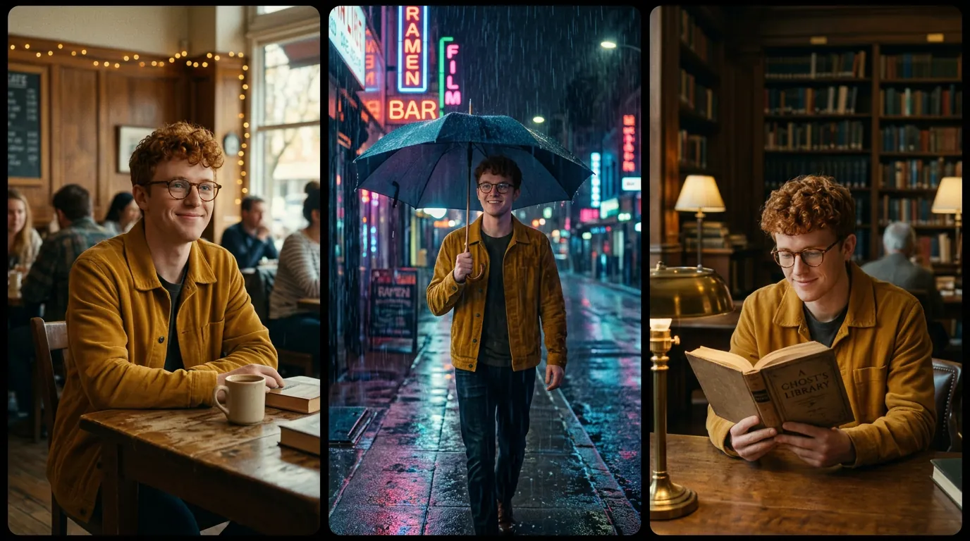 The same red-haired character in a café, a rainy street and a library