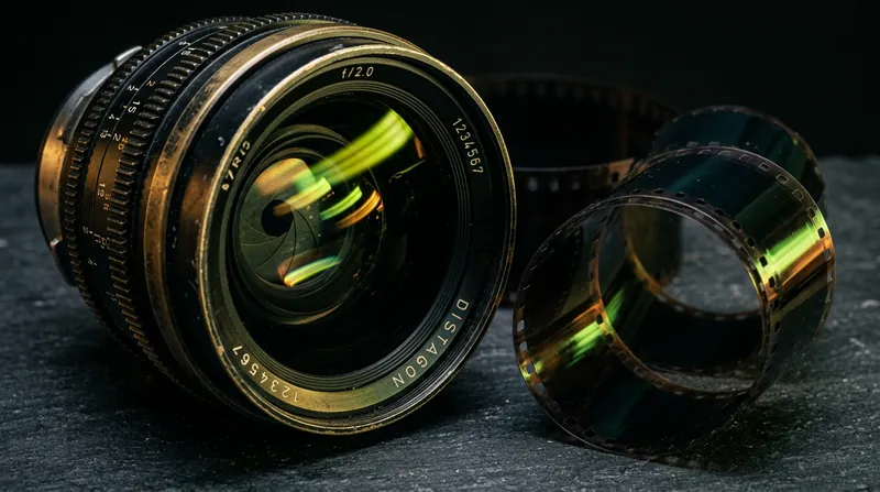 Macro of a vintage cinema lens and 35mm film