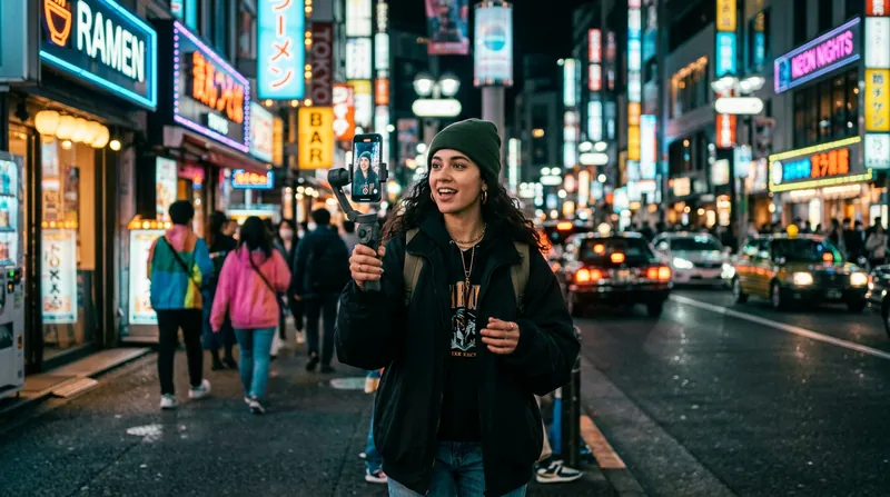 Creator filming on a neon city street