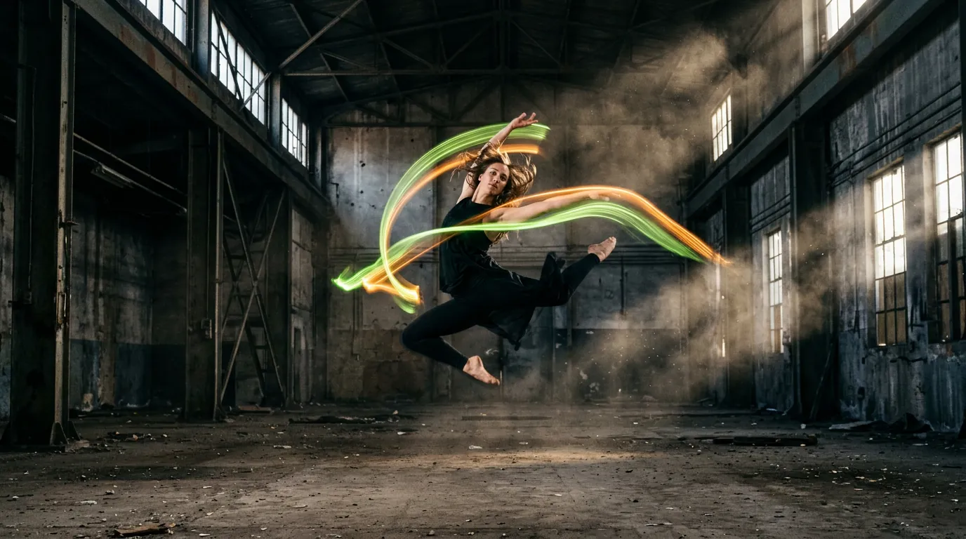 Dancer mid-leap in a warehouse with light trails following her motion