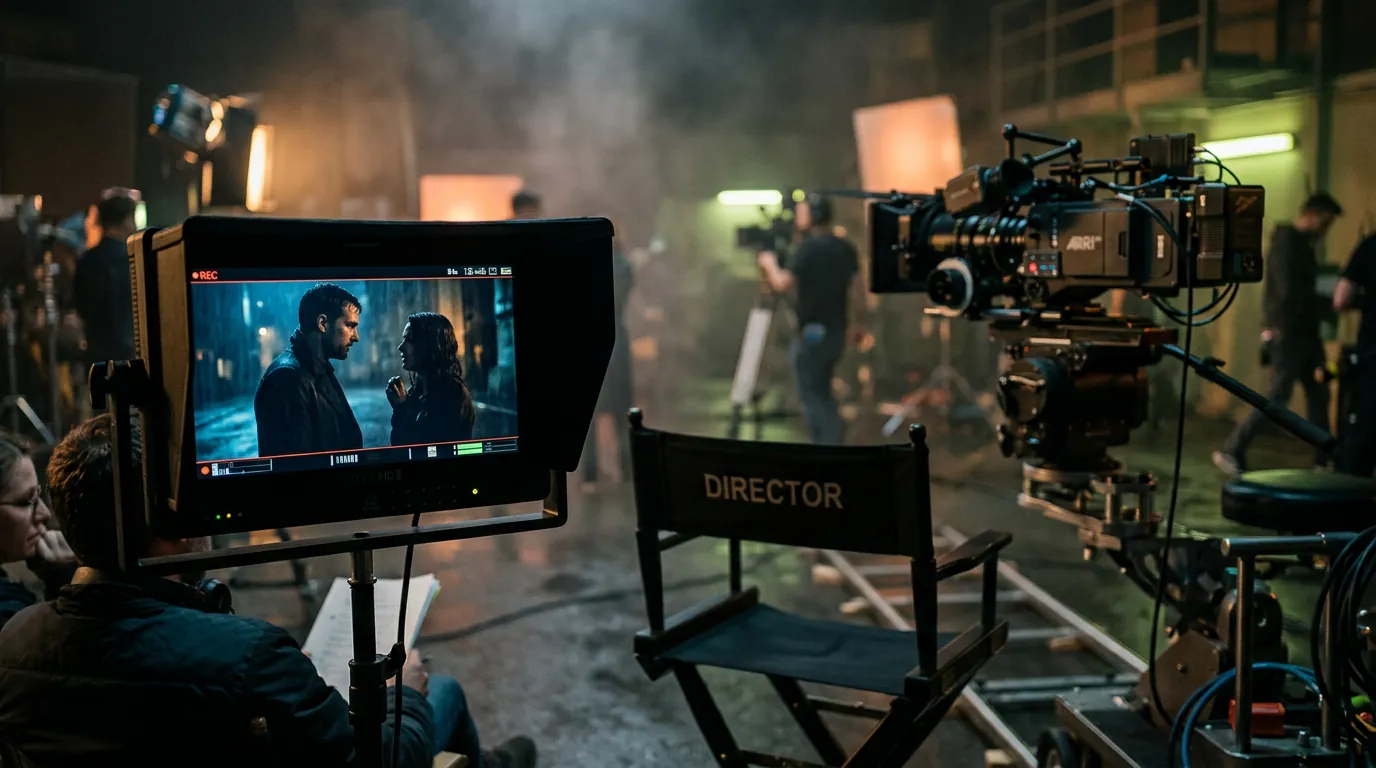 Director's monitor showing a cinematic shot on a film set
