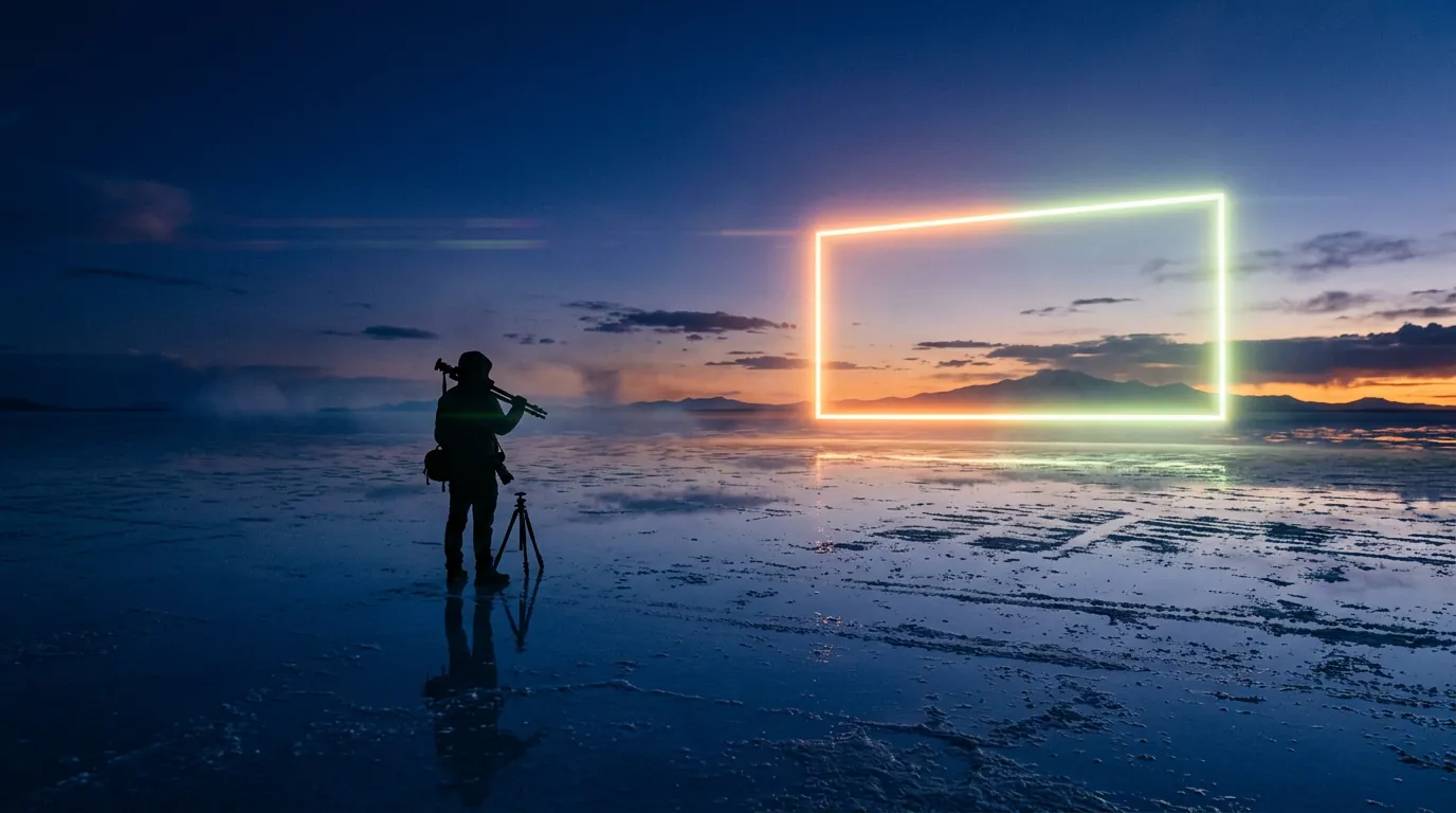 Filmmaker on a salt flat at dusk under a glowing light frame