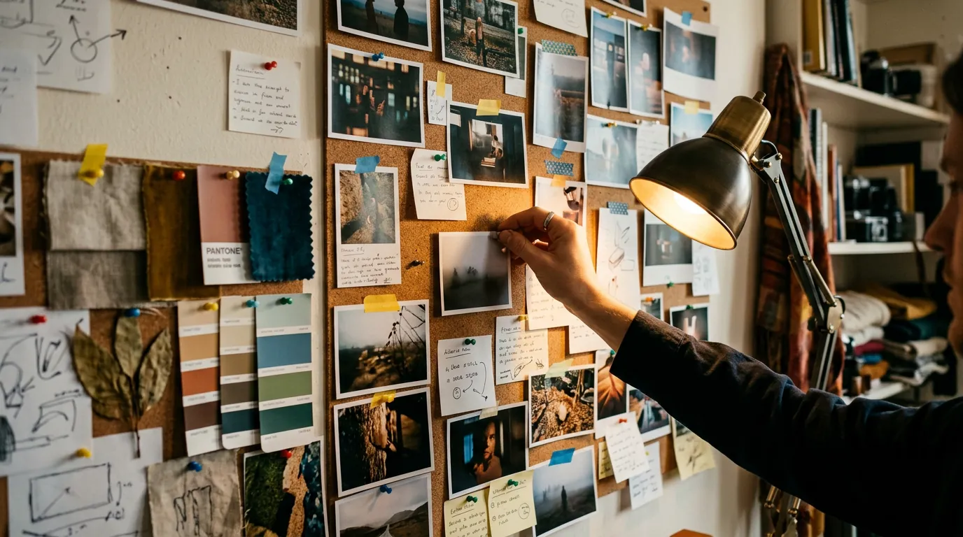 Studio wall covered with printed cinematic images and handwritten notes