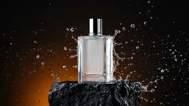 Glass perfume bottle with water splash