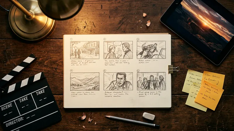 Storyboard sketches on a wooden desk