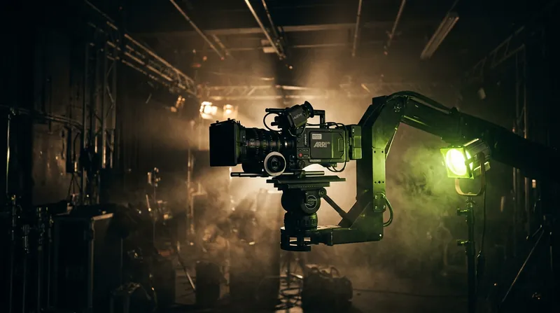 Cinema camera on a crane in a foggy studio