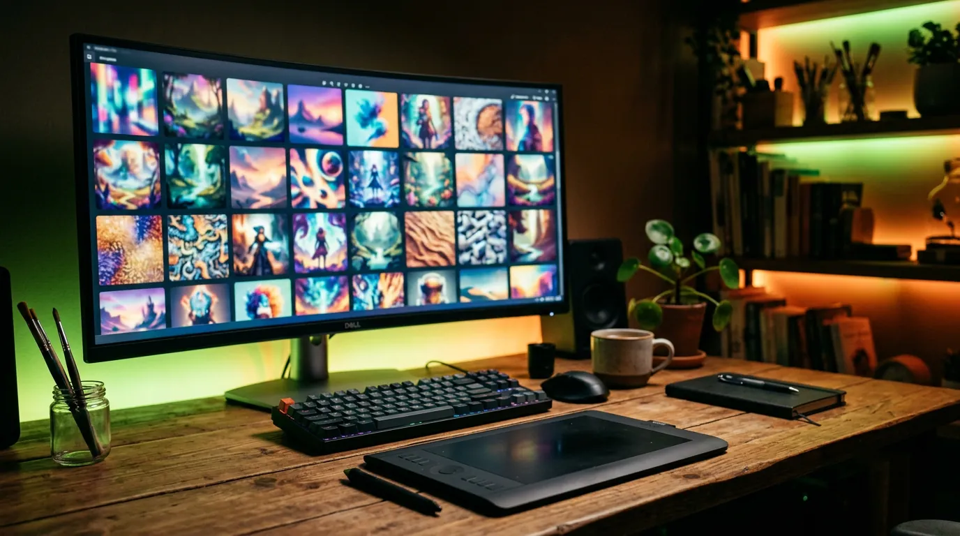 Monitor displaying a grid of AI image variations in a dark creative studio